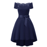 Naiste pitsist kammkarp Bardot k&otilde;rge madala &auml;&auml;rega midikleit, l&uuml;hike &otilde;htune pidulik pruutneitsi pulmak&uuml;laline kokteil Kuulsuste elegantne pidulik kandmine L tumesinine v&auml;rv