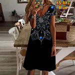 Suvemood naiste V-kaelusega l&uuml;hikeste varrukatega teemantpatchwork, lilledega tr&uuml;kitud kleit, sekskleit 7XL sinine