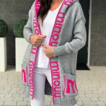 Pikk kardigan kapuutsiga monogramm naiste kampsun silmkoeline mantel XL hall