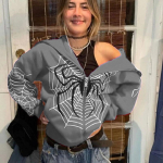 Naiste hip-hop kapuutsid Gooti stiilis Spider Web Print Kapuutsiga Lukuga jakk Mantlid Grunge Y2k Suured t&auml;navar&otilde;ivad Meeste dressipluusid L hall