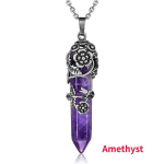 Moodne naturaalsest kristallist kuusnurkne sammas vintage sulamist roosiripats Amet&uuml;stist kristallist kaelakee Amethyst