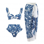 3 tk/komplekt naiste bikiinid rannakattega seelikuga Bohemia stiilis volangidega varrukas Bandeau rinnahoidja k&otilde;rge v&ouml;&ouml;koht S sinine