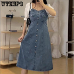 Vabaaja kleit suur suurus naiste retro ruudukujulise kaelusega liimitud teksast keskmise pikkusega kleit 4XL sinine