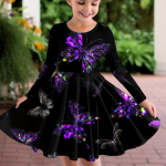 Kevadine t&uuml;druk, vabaaja 3D-liblikad, tantsivad, &uuml;mara kaelusega pikkade varrukatega kleit, printsessi kleit lastele 80 lilla