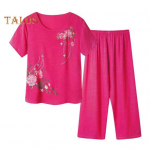 2 tk/komplekt Naiste T-s&auml;rgi p&uuml;kste komplekt kodur&otilde;ivaste komplekt, &uuml;hev&auml;rviline lillemustriga &uuml;mmargune kaelus l&uuml;hikeste varrukatega &uuml;laosa laia jalaga elastne v&ouml;&ouml;koht lahtised p&uuml;ksid pidžaamad XL roosa