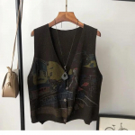 Retro lahtise tr&uuml;kiga kootud vest naiste &uuml;herealine kardigan, suur varrukateta camisole jakk tr&uuml;kitud kampsun Harajuku stiil uus mood s&uuml;gis One Size pruun