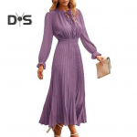 Naiste S&uuml;gis Kevad Kleit T&auml;pilise Mustriga Plisseeritud K&otilde;rge Tiheda V&ouml;&ouml;kohaga Pikkade Varrukatega R&uuml;&uuml;žkraega Paeltega V-kaelusega Keskmise Pikkusega Daami Midi Kleit XL lilla