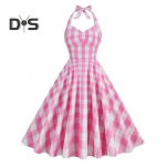 1950ndate Naiste Roosa Ruuduline Varrukateta Kleit Paelusega Paelaga Halter Peidetud Lukuga Uisutaja &Auml;&auml;r Kokteilipidu Kiikkleit K&otilde;rge V&ouml;&ouml;kohaga A-l&otilde;ikeline Kleit XL roosa