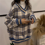Lahtised &scaron;ikkad ruudulised kevadkapslid Uued Korea V-kaelusega topid Ins Harajuku Vintage BF Simple Hedging Casual naiste kampsun M sinine