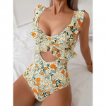 Uus seksikas Monokini &uuml;hes t&uuml;kis Monokini stiilne volangidega Monokini naiste ujumistrikoo O-kaelusega Quick Dry bikiinikomplekt S kollane