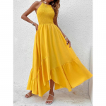 Moodne varrukateta seksikas peokleit naiste suvepuhkus A Line seljata vabaaja pikad kleidid Naiste vanaaegne ebaregulaarne k&otilde;rge v&ouml;&ouml;kohaga kleit, kollane kleit 26205 S kollane