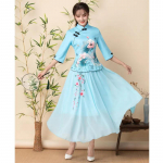 Naiste Suvine Igap&auml;evane Retro Cheongsam &Uuml;likond Keskmise varrukaga Slim Tr&uuml;kitud Tangi &Uuml;likond Pluus + Tikitud Seelik Kaheosaline Komplekt 5XL