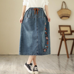 Women's Spring Summer Skirt Elastic Waist A-line Skirt High Waist Embroidered Denim Skirt M