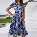 Naiste moekas retro mustriga tr&uuml;kiga v&auml;rviplokiga v&ouml;&ouml;ga vabaaja kleit L sinine