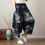 Suvine etnilises stiilis puuvillase-linase tr&uuml;kiga lahtine mitmek&uuml;lgne seitsme punktiga haremp&uuml;ksid naistele elastse v&ouml;&ouml;kohaga pluss suuruses one size denim sinine v&auml;rv