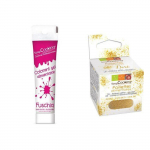 Colorant alimentaire en gel fuschia + paillettes dor&eacute;es