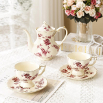 3tk/komplekt Vintage Floral Teekomplekt, Teetassid (240 ml), Teekann (900 ml), Hiina teekomplekt, teeserviis, teetasside ja alustasside komplekt t&auml;iskasvanutele, portselanist teekomplekt punane