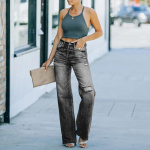 S&uuml;gisesed Naiste Vabaaja Laiad P&uuml;ksid Keskmise V&ouml;&ouml;kohaga Rebitud Denim P&uuml;ksid L must
