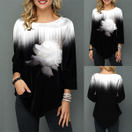 Naiste varrukatega j&auml;rkj&auml;rguline ebaregulaarne T-s&auml;rk, pika kaelusega prindiga pluus, all&auml;&auml;r L must