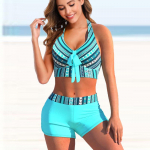 Naiste Halter Bikini Tankini ujumistrikoo Must-valge triibuline mustriga ujumistrikoo 4XL