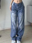 Harajuku tr&uuml;kitud Cargo Jeans Y2K tumesinine pruun k&otilde;rge v&ouml;&ouml;koha t&auml;navar&otilde;ivad 90S Baggy Jeans Naiste p&uuml;ksid Sirge laia s&auml;&auml;rega teksad S sinine