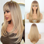 MISSQUEEN naiste mood, pikad blondid parukad, sirge s&uuml;nteetiline kihiline parukas tukkude ja tumedate juurtega 60 cm