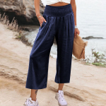 (Qunide) Naiste 9-p&uuml;kstega vabaaja vabad, k&otilde;rge v&ouml;&ouml;kohaga puuvillased linasest laia s&auml;&auml;rega pikad taskutega p&uuml;ksid S roosa