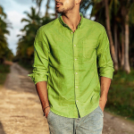 Moodne meeste suven&ouml;&ouml;biga vabaaja linane ja puuvillane pikkade varrukatega pluusis&auml;rk M roheline