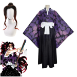 Anime Demon Slayer Kokushibo Cosplay must punane parukas lilla kimono haori vormiriietus Helloweeni j&otilde;ulupeo kost&uuml;&uuml;m L-(Costume+Wig)