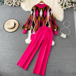 S&uuml;gis/talvine pikkade varrukatega kottis ruuduline kampsun + k&otilde;rge v&ouml;&ouml;kohaga kootud sirge s&auml;&auml;rega Laia s&auml;&auml;rega p&uuml;ksid Kaheosaline komplekt One Size fuksia