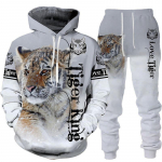 Meeste Tiger Hoodie komplekt t&auml;isvarrukatega pol&uuml;estrist kevad- ja s&uuml;gisene loomade 3D prindiga kampsun p&uuml;ksid meeste dressid S