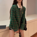 Villane mantel s&uuml;gis ja talv uus stiil v&auml;ike aromaatne tuul Roheline pleed J&auml;me tviid mantel Temperament &uuml;mmargune kaelus kootud top S