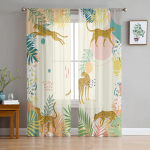 Leopard troopiline palmikilpkonn bambusest magamistuba l&auml;bipaistev l&auml;bipaistev kardinad p&uuml;hadekaunistusega aken Voile t&uuml;llkardin 135W x 114H(cm)