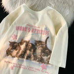 Puuvillane Cute Cat Graphic T-s&auml;rk Suvine Mood Lahti Naiste Vintage Isiksus V&auml;rske Kunst Kawaii Riided L&uuml;hikeste varrukatega Topid Harajuku Harajuku XXL beež