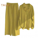 2 tk/komplekt Naiste suures suuruses s&auml;rgip&uuml;kste komplekt, &uuml;hev&auml;rviline pikkade varrukatega revkrae pluus k&otilde;rge v&ouml;&ouml;kohaga, laiad p&uuml;ksid, vabaaja riietus M oranž