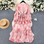 Uus s&uuml;gisene elegantne O-kaelusega prinditud lapitehnika, voldid, varrukad, k&otilde;rge v&ouml;&ouml;kohaga naiste kleit One Size roosa