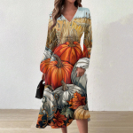 Naiste s&uuml;gis- ja talvine vabaajamoodne V-kaelusega pikkade varrukatega pikk kleit XL oranž