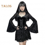 Naiste Halloweeni Cosplay-kleit V-kaelusega, pitsist kinnisidemega rihm, tume stiil gooti keskaegne vintage kelluke varrukatega esinemiskleit S must