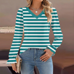 Women's Daily Casual Long-sleeved Striped Printed v-neck Top XXL beež