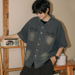 Retro Denim t&ouml;&ouml;riietus l&uuml;hikeste varrukatega s&auml;rk, Meeste ja naiste suvine moem&auml;rk, Jaapani retro poolepikkuste varrukatega trend, Lahe ja avar s&auml;rk M must