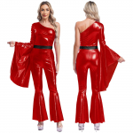 70ndate Disco Vintage Cosplay kost&uuml;&uuml;m Metallic kellukese p&otilde;hjaga pika p&uuml;ksiga kombinesoon Bell Bottom Jazz Dancewear karnevali reivi peokost&uuml;&uuml;m S punane