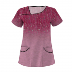 Naiste vabaaja lillemustriga l&uuml;hikeste varrukatega, kaldus kraega t&ouml;&ouml;riiete topp kahekordsete taskutega S