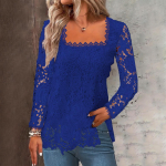 Naiste moodne soliidne pitstop ruudukujulise kaeluse ja pitsiliste pikkade varrukatega XXXXL sinine