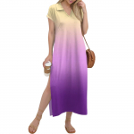 Naiste pikk seelik vabaaja V-kaelusega pikk s&auml;rk-kleit lahtine l&otilde;hikuga puhkuse l&uuml;hikeste varrukatega kleit L roosa