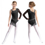 Kid Girl Asymmetric Shoulder Fringed Dance Leotard Rhinestones Figure Skating Rhythmic Gymnastic Tassel Bodysuit Dress Dancewear 9-10 Years