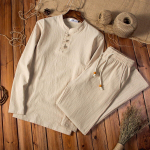 Meeste Hiina stiilis linane &uuml;likond: Suvine kaheosaline pikkade varrukatega T-s&auml;rgi, puuvilla ja linase segu. L