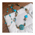 Vanaaegne helmestega kaelakee v&auml;rviliste kividega, nahas&otilde;bralik, sobib k&otilde;igele, mitmekihiline naiste kaelakee, ehted, kingitused sinine