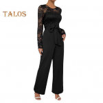 Naiste pikkade varrukatega pitsist pidulik jumpsuit k&otilde;rge v&ouml;&ouml;kohaga laia s&auml;&auml;rega p&uuml;ksid romper v&ouml;&ouml;ga suvine &uuml;hes t&uuml;kis kombinesoon S veinipunane v&auml;rv