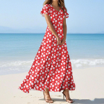 Naiste suvised vabaajamood &uuml;hev&auml;rvilised kleidid V-kaelusega l&uuml;hikeste varrukatega kleidid L