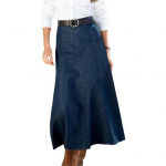 Denimist midi-seelik&otilde;rge v&ouml;&ouml;kohaga, suure &auml;&auml;rega, salendava disainiga, &uuml;hev&auml;rviline, kontoridaamile, igap&auml;evaseks kandmiseks S tumesinine v&auml;rv